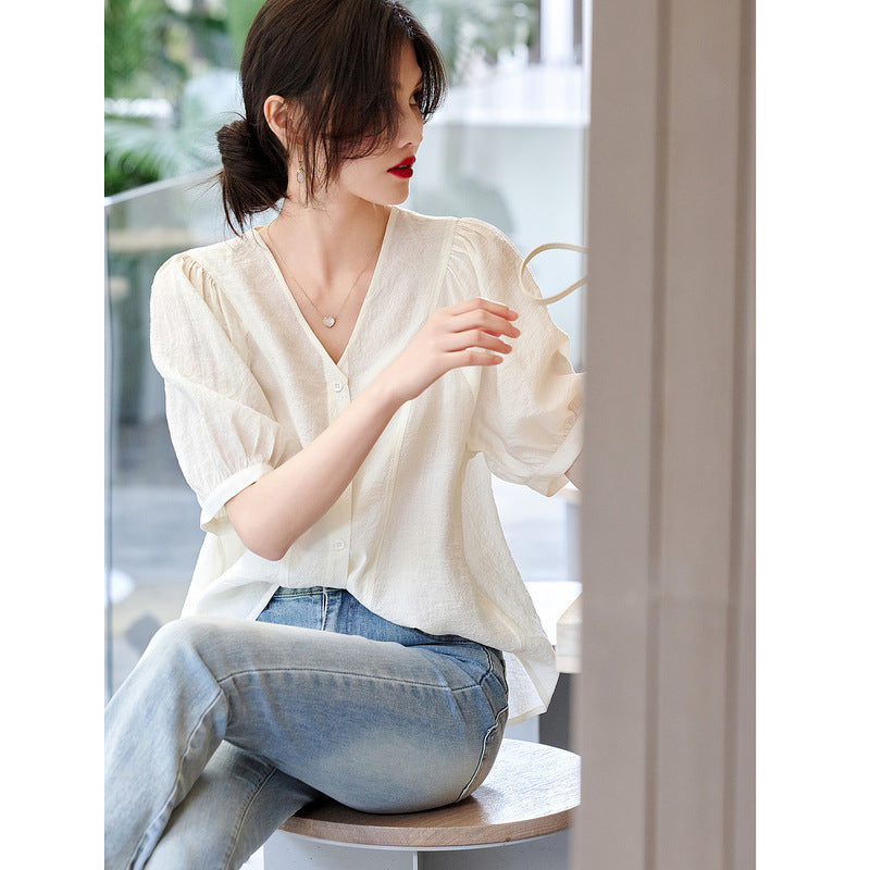 Retro French V-Neck Shirt – Romantic Style | same ANTHEM - Beige / 2XL