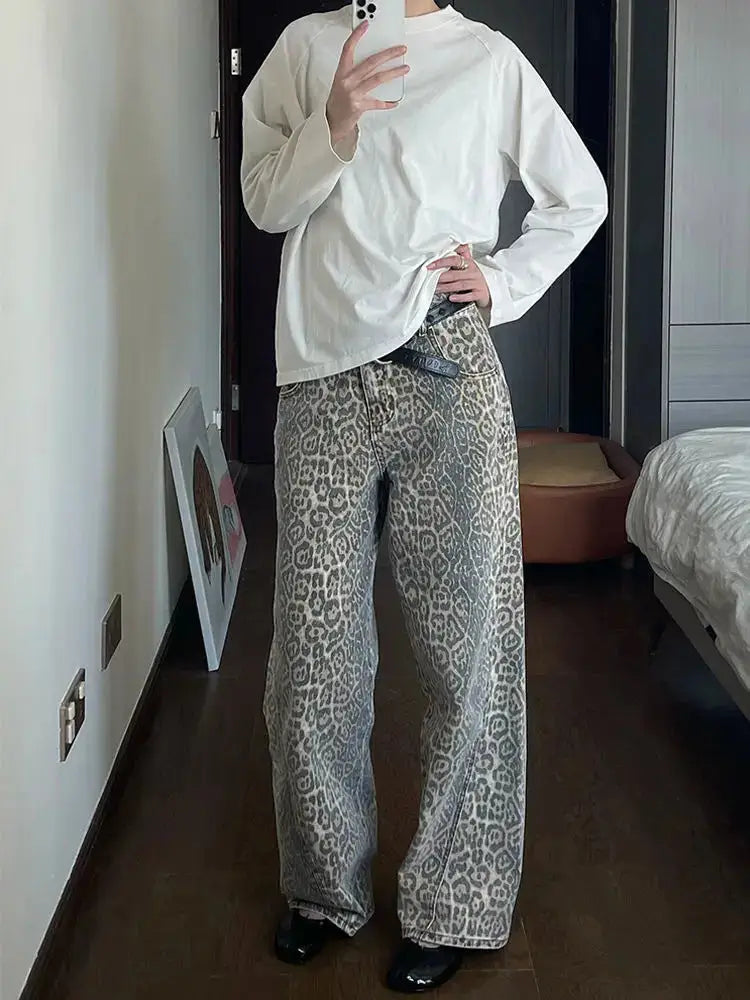 Retro Leopard Print Denim Pants | Wide-Leg High Waist Jeans | same ANTHEM. - Leopard Print Color (In Stock, Price