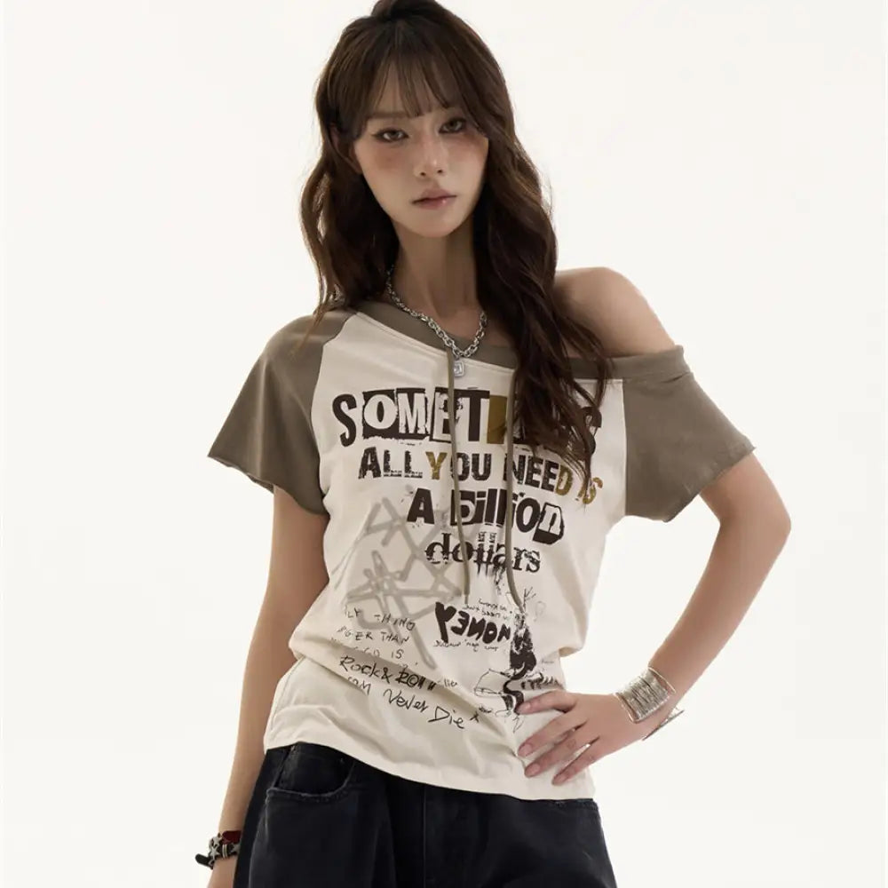 Retro Spicy Girl Off-Shoulder Tee – same ANTHEM Streetwear for Soulmates - Apricot / L