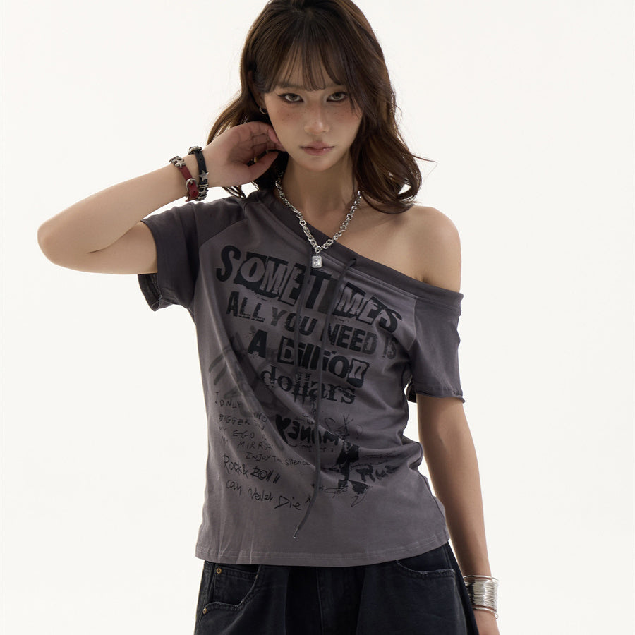Retro Spicy Girl Off-Shoulder Tee – same ANTHEM Streetwear for Soulmates - Grey / L