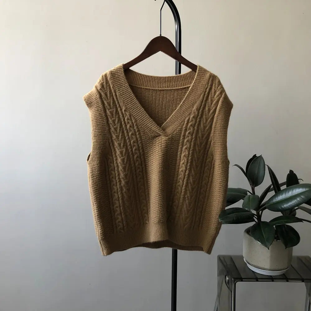 Retro V-Neck Twist Vest – Chic French Waistcoat for Soulmates | same ANTHEM - Light Coffee / Free Size