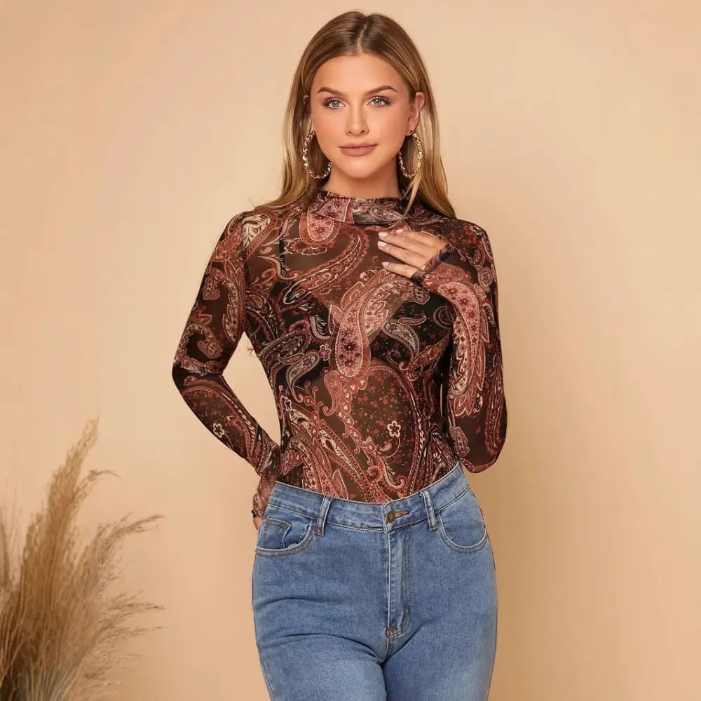 Romantic Boho Paisley Mesh Long Sleeve Top – Vintage Chic Stand Collar T-Shirt for Lovers & Soulmates | same ANTHEM