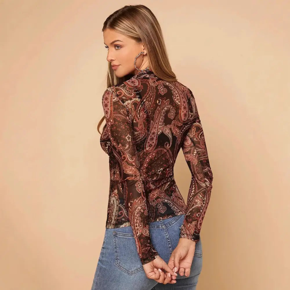 Romantic Boho Paisley Mesh Long Sleeve Top – Vintage Chic Stand Collar T-Shirt for Lovers & Soulmates | same ANTHEM