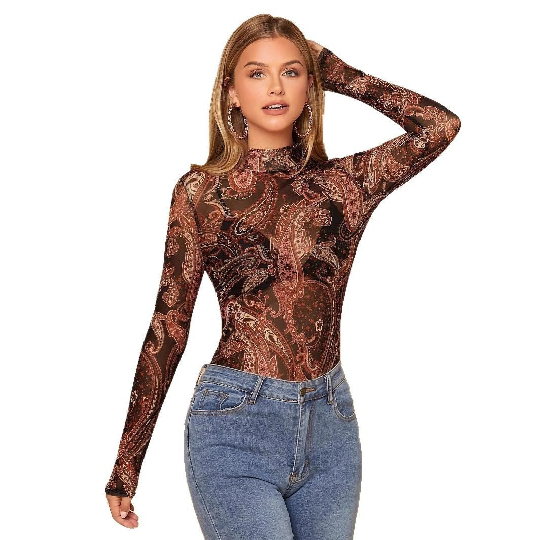 Romantic Boho Paisley Mesh Long Sleeve Top – Vintage Chic Stand Collar T-Shirt for Lovers & Soulmates | same ANTHEM