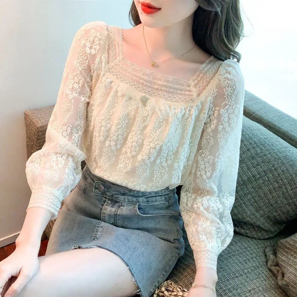 Romantic Boho Square Collar Chiffon Shirt – Vintage Cute Top for Lovers & Soulmates | same ANTHEM - Apricot / L