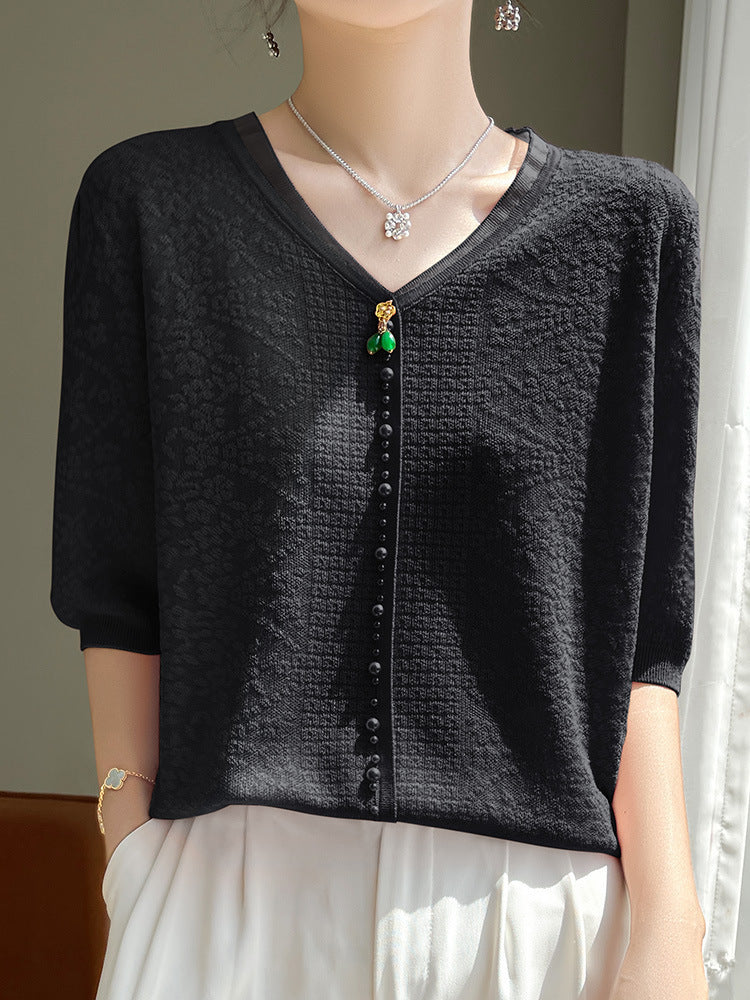 Romantic Boho Women’s V-neck Tencel Sweater – Chic Vintage Short Sleeve Top for Lovers & Soulmates | same ANTHEM