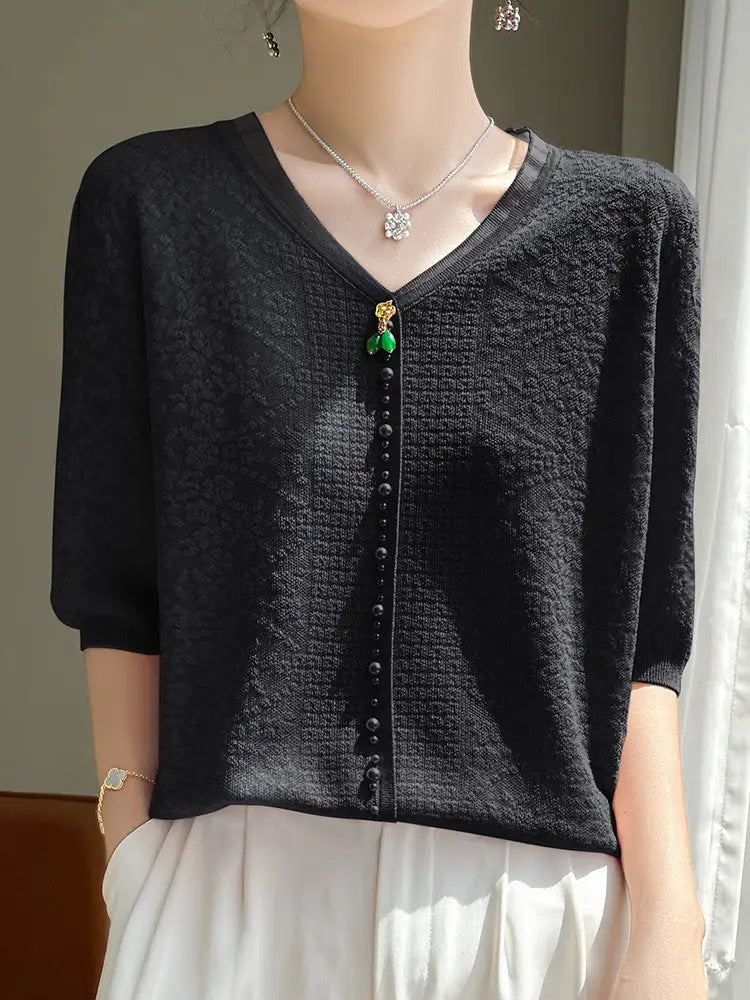 Romantic Boho Women’s V-neck Tencel Sweater – Chic Vintage Short Sleeve Top for Lovers & Soulmates | same ANTHEM
