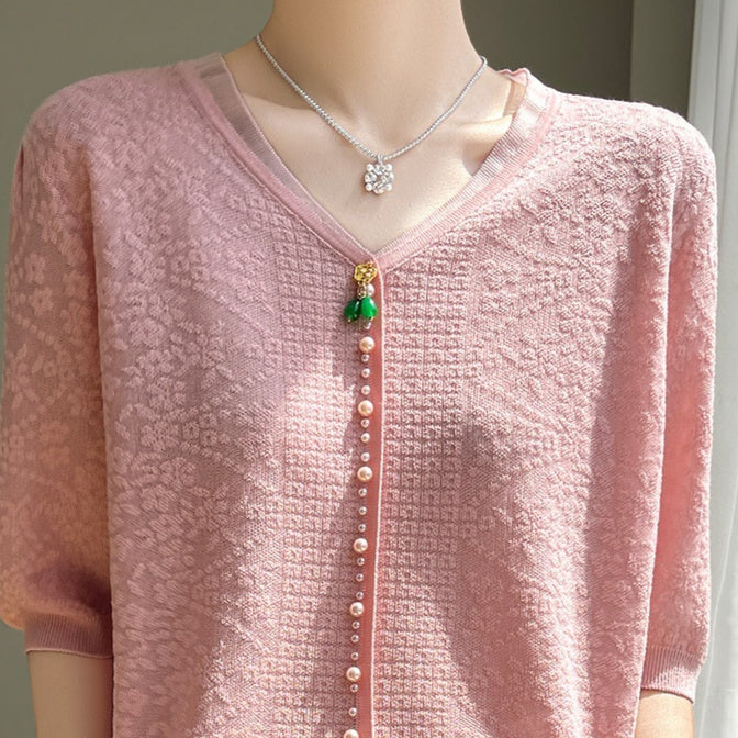 Romantic Boho Women’s V-neck Tencel Sweater – Chic Vintage Short Sleeve Top for Lovers & Soulmates | same ANTHEM