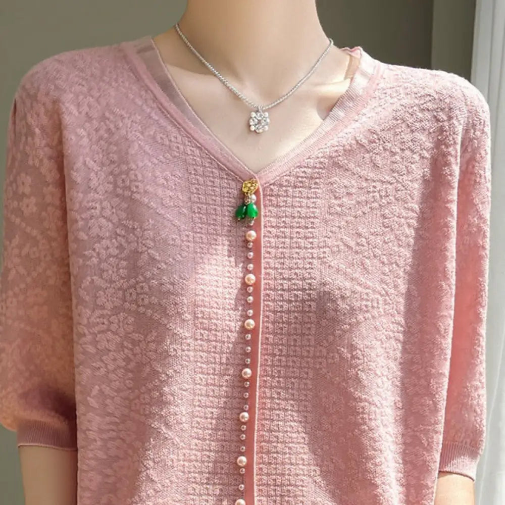 Romantic Boho Women’s V-neck Tencel Sweater – Chic Vintage Short Sleeve Top for Lovers & Soulmates | same ANTHEM