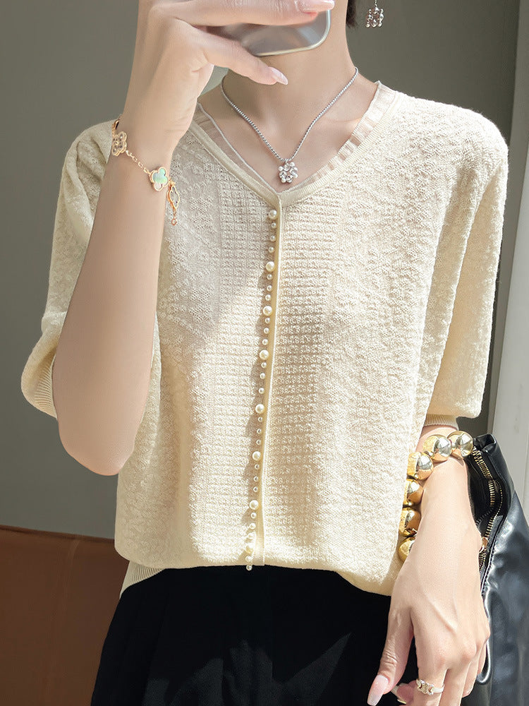 Romantic Boho Women’s V-neck Tencel Sweater – Chic Vintage Short Sleeve Top for Lovers & Soulmates | same ANTHEM