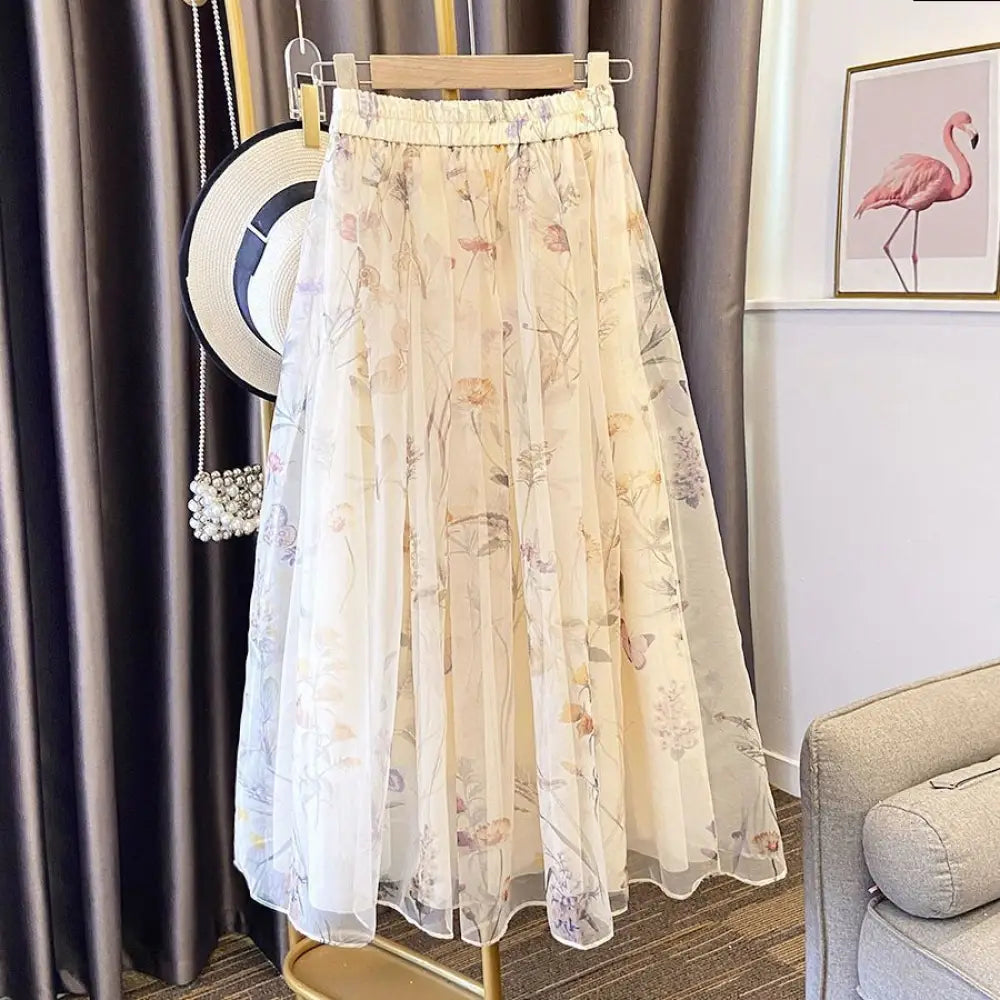 Romantic Chiffon Printed Skirt – Fairy Tale Flow for Lovers | Same ANTHEM - Beige / L