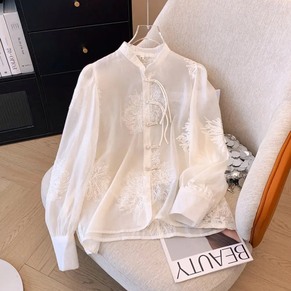 Romantic Chinese-Style Embroidered Chiffon Shirt – Dreamy Boho Look | same ANTHEM - Apricot / M