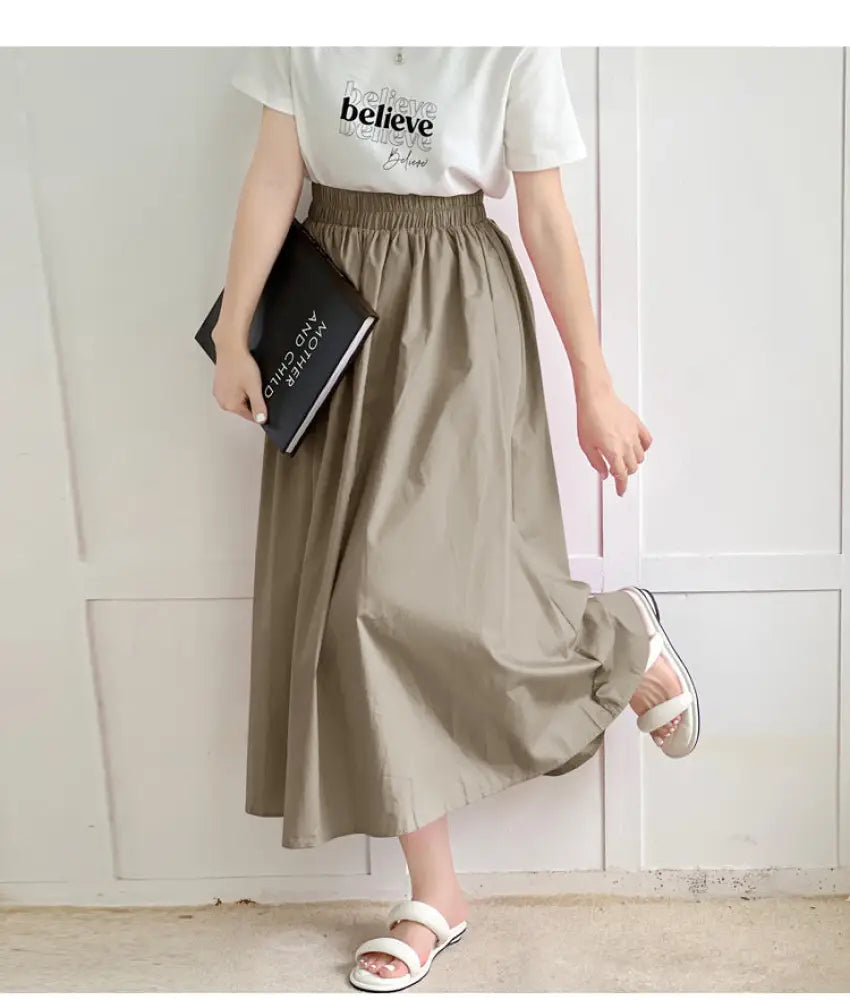 Romantic Cotton Pleated Swing Skirt – same ANTHEM - khaki / One size