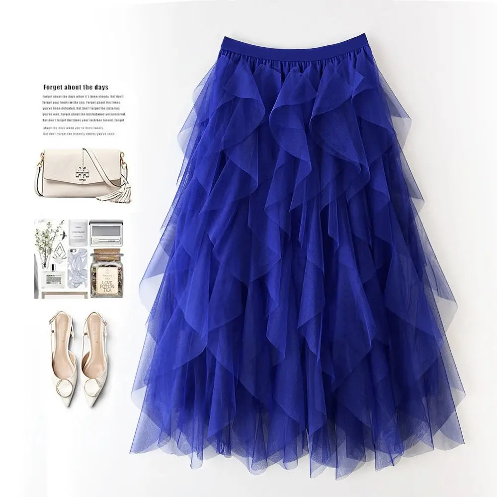 Romantic High-Waist Tulle Skirt – Voluminous Mesh Fairy Skirt with Tassels - Sapphire Blue / Free Size - Skirt