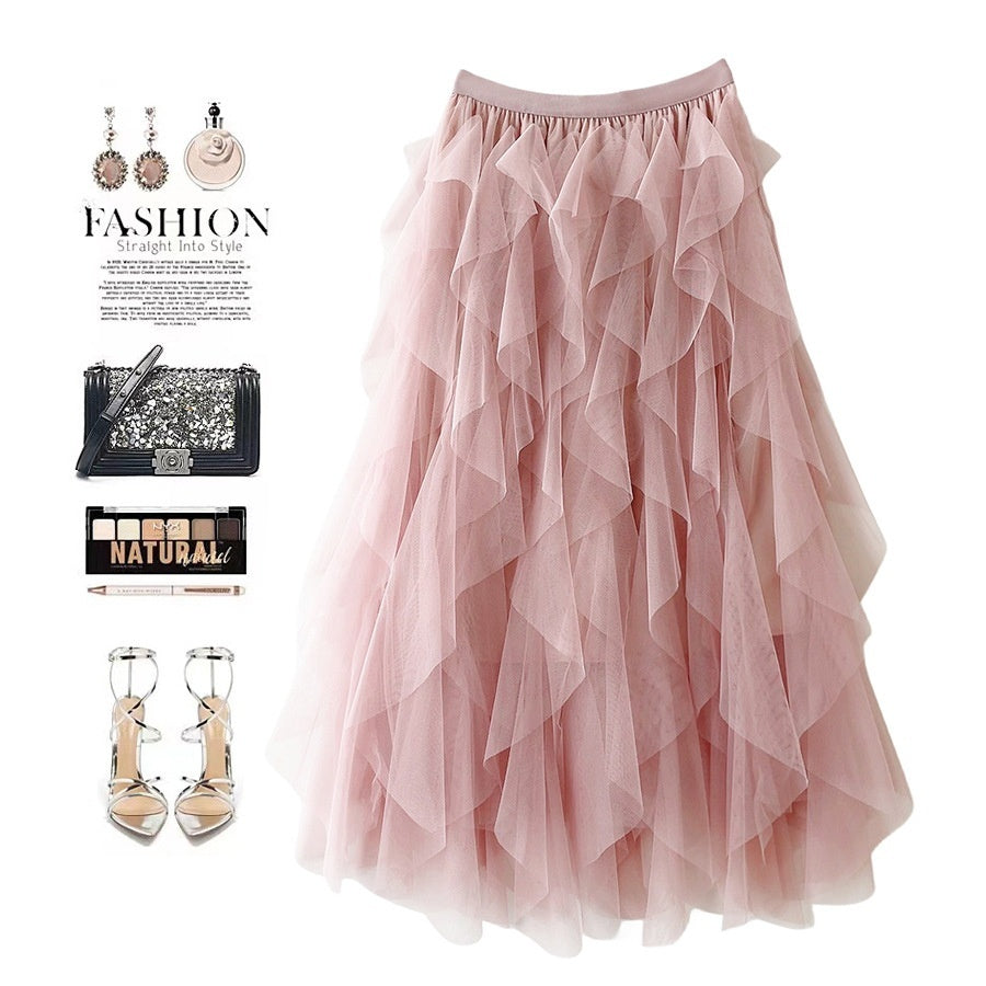 Romantic High-Waist Tulle Skirt – Voluminous Mesh Fairy Skirt with Tassels - Pink / Free Size - Skirt
