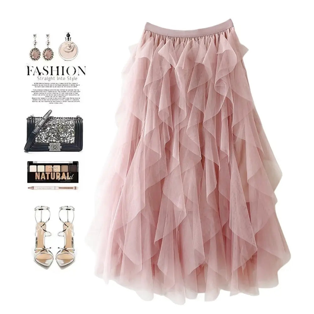 Romantic High-Waist Tulle Skirt – Voluminous Mesh Fairy Skirt with Tassels - Pink / Free Size - Skirt