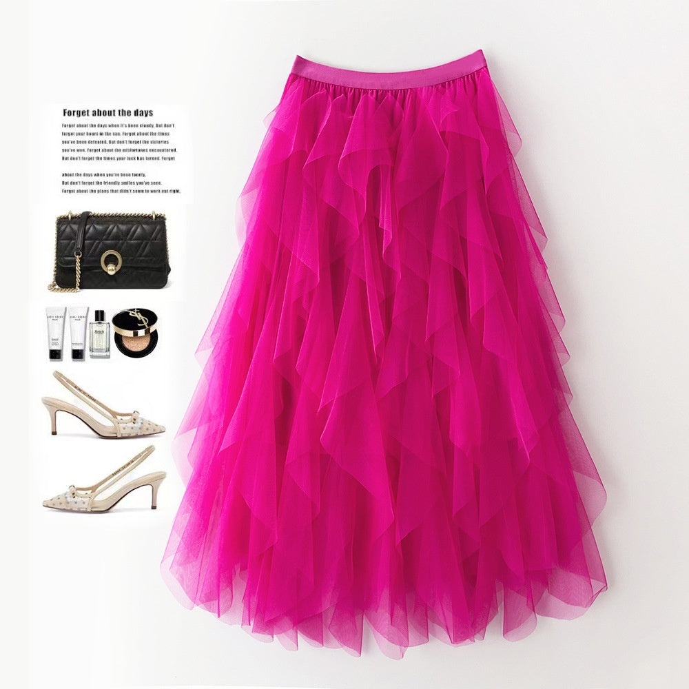 Romantic High-Waist Tulle Skirt – Voluminous Mesh Fairy Skirt with Tassels - Rose Red / Free Size - Skirt