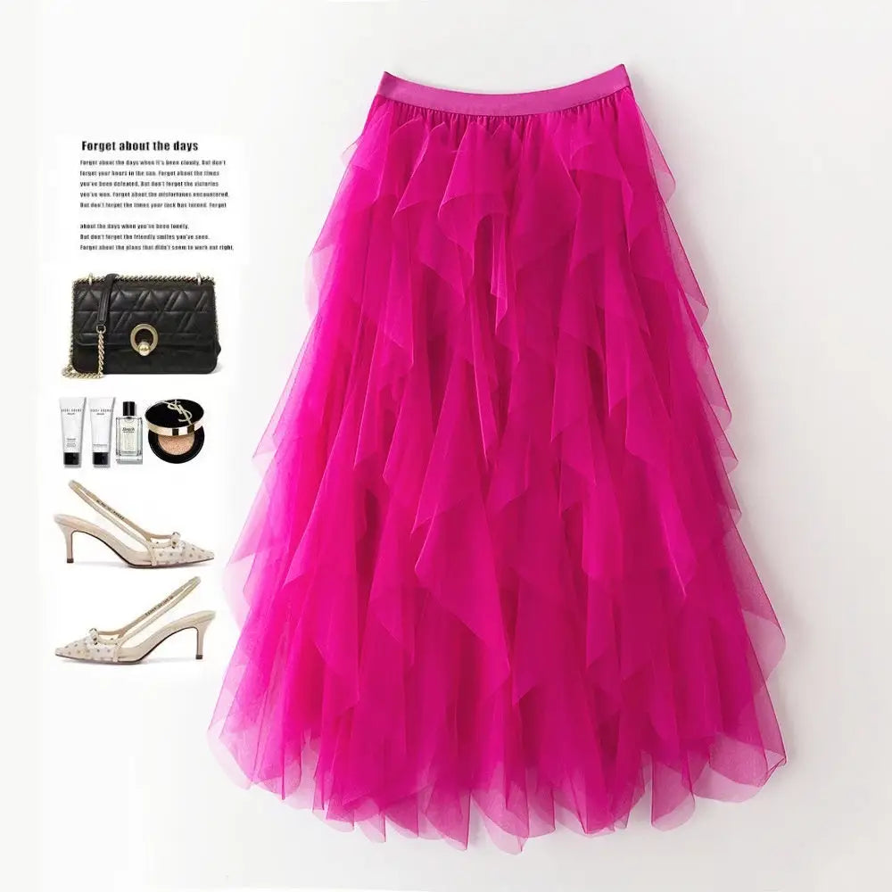 Romantic High-Waist Tulle Skirt – Voluminous Mesh Fairy Skirt with Tassels - Rose Red / Free Size - Skirt