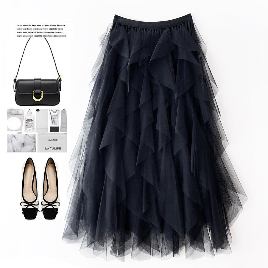 Romantic High-Waist Tulle Skirt – Voluminous Mesh Fairy Skirt with Tassels - Black / Free Size - Skirt