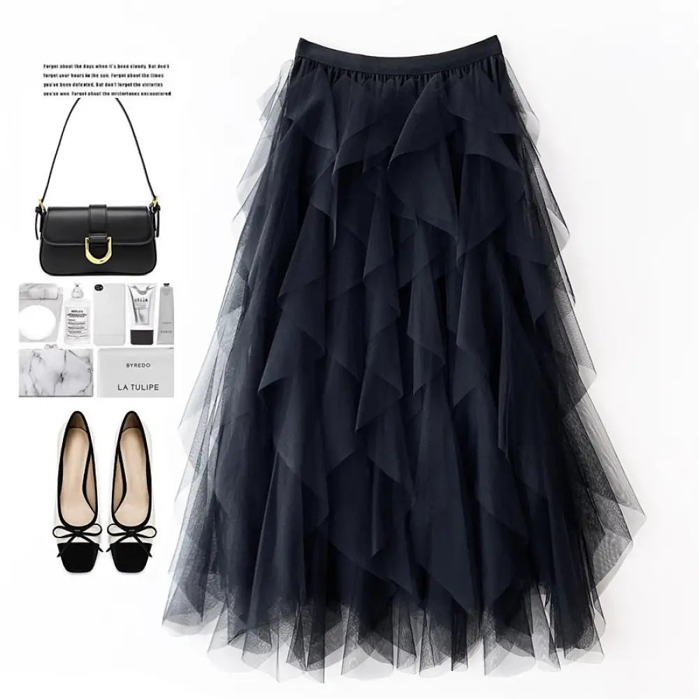Romantic High-Waist Tulle Skirt – Voluminous Mesh Fairy Skirt with Tassels - Black / Free Size - Skirt