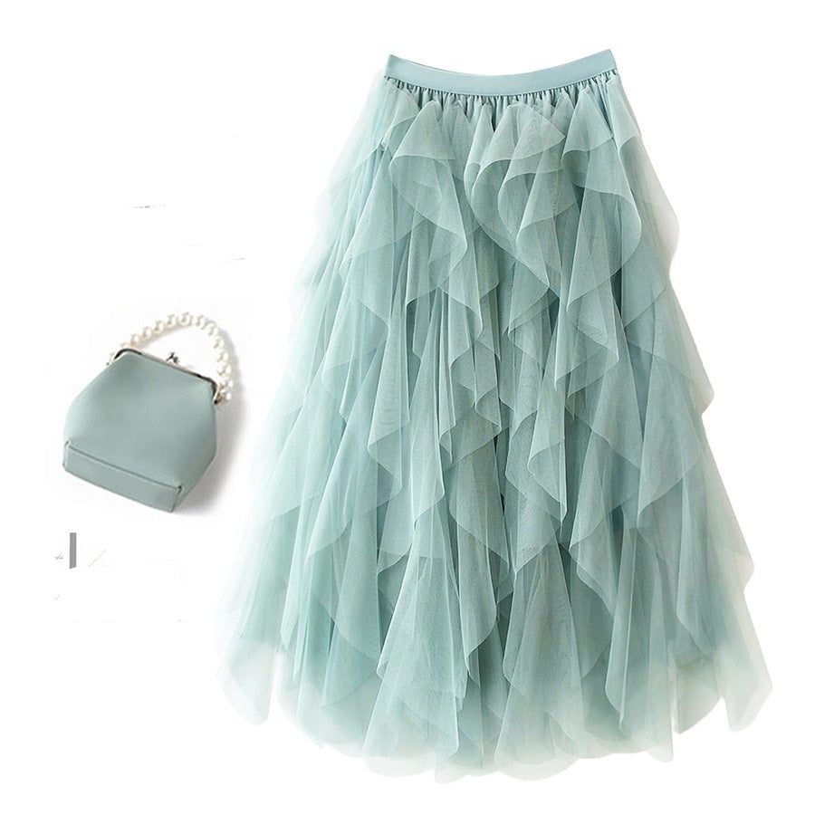 Romantic High-Waist Tulle Skirt – Voluminous Mesh Fairy Skirt with Tassels - Bean Green / Free Size - Skirt