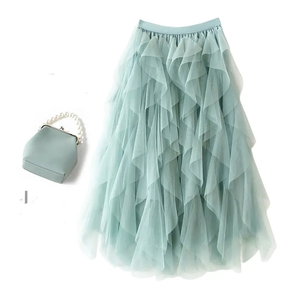 Romantic High-Waist Tulle Skirt – Voluminous Mesh Fairy Skirt with Tassels - Bean Green / Free Size - Skirt