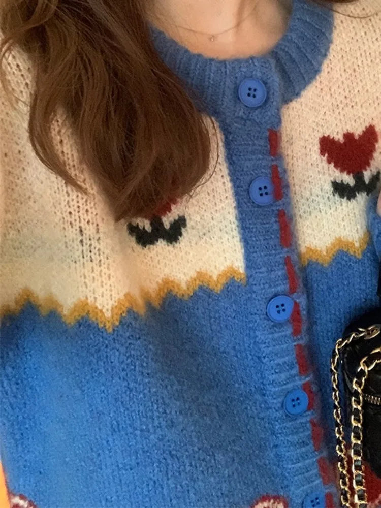 Romantic Jacquard Knit Cardigan – same ANTHEM | Retro Japanese Soulmate Style - Blue / One Size
