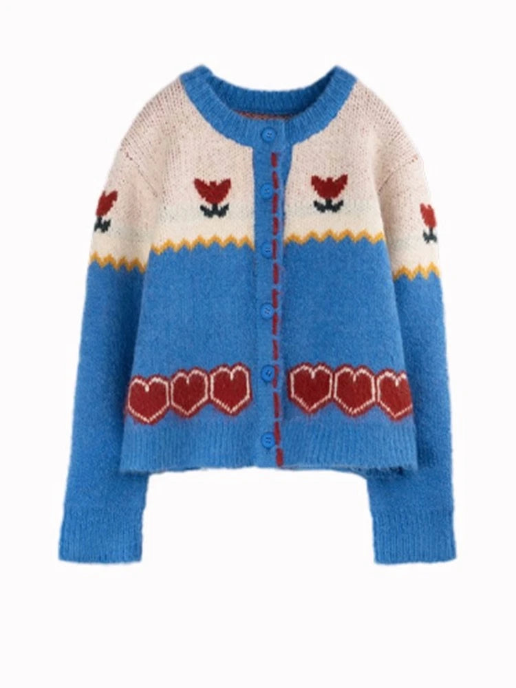 Romantic Jacquard Knit Cardigan – same ANTHEM | Retro Japanese Soulmate Style - Blue / One Size