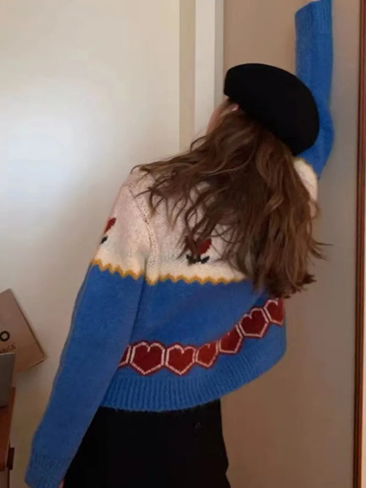 Romantic Jacquard Knit Cardigan – same ANTHEM | Retro Japanese Soulmate Style - Blue / One Size