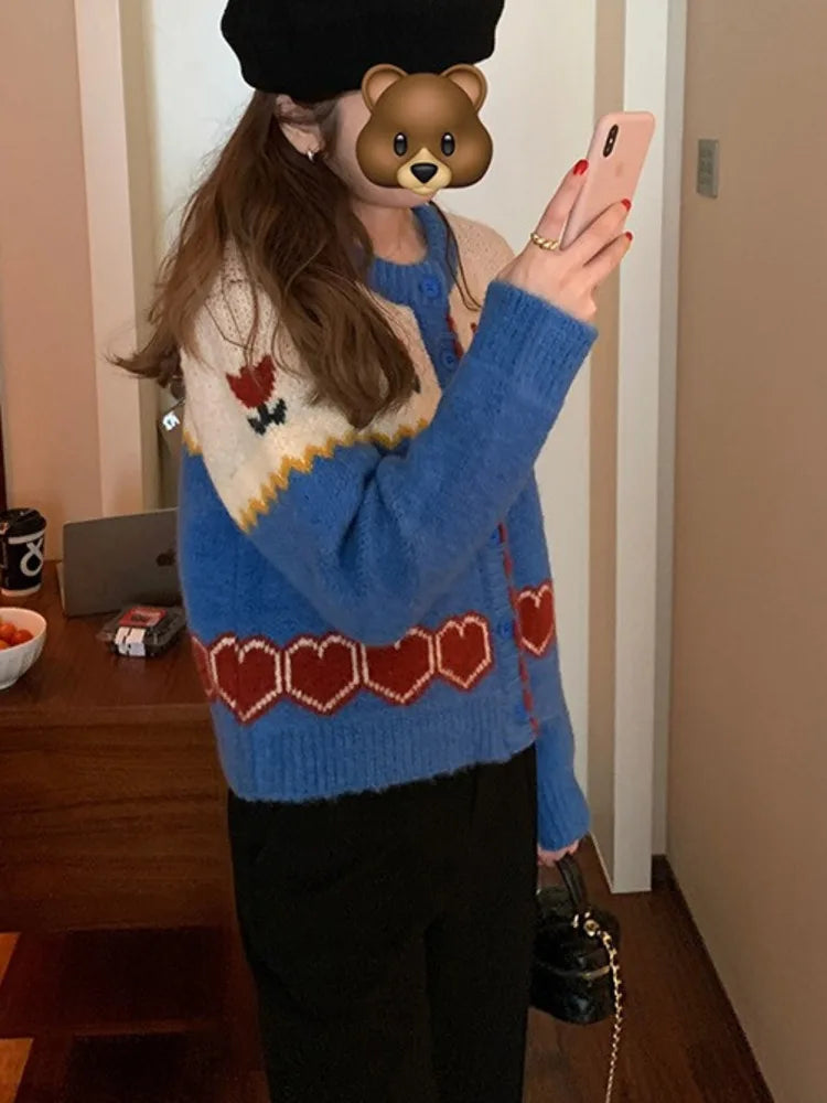 Romantic Jacquard Knit Cardigan – same ANTHEM | Retro Japanese Soulmate Style - Blue / One Size