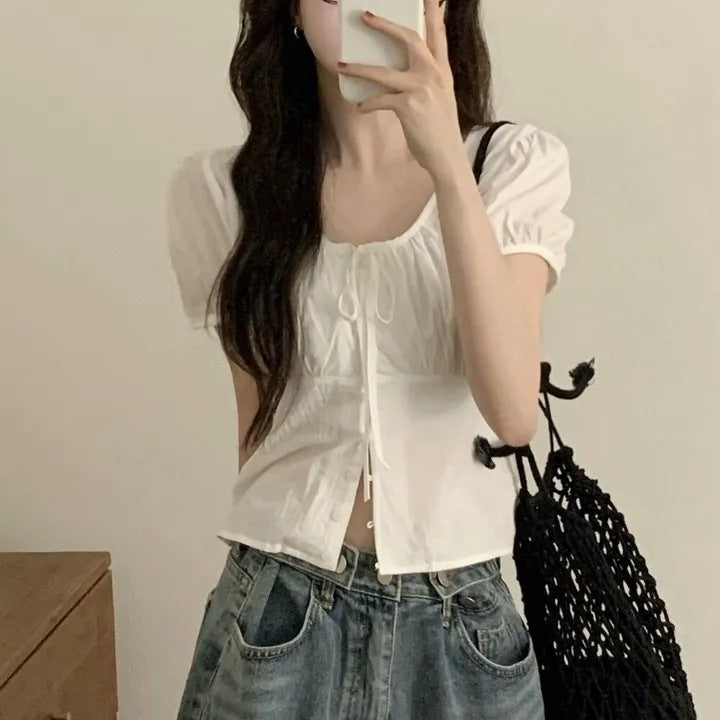 Romantic Lace-Up French Top – Dreamy Style for Lovers | same ANTHEM - White / Free Size