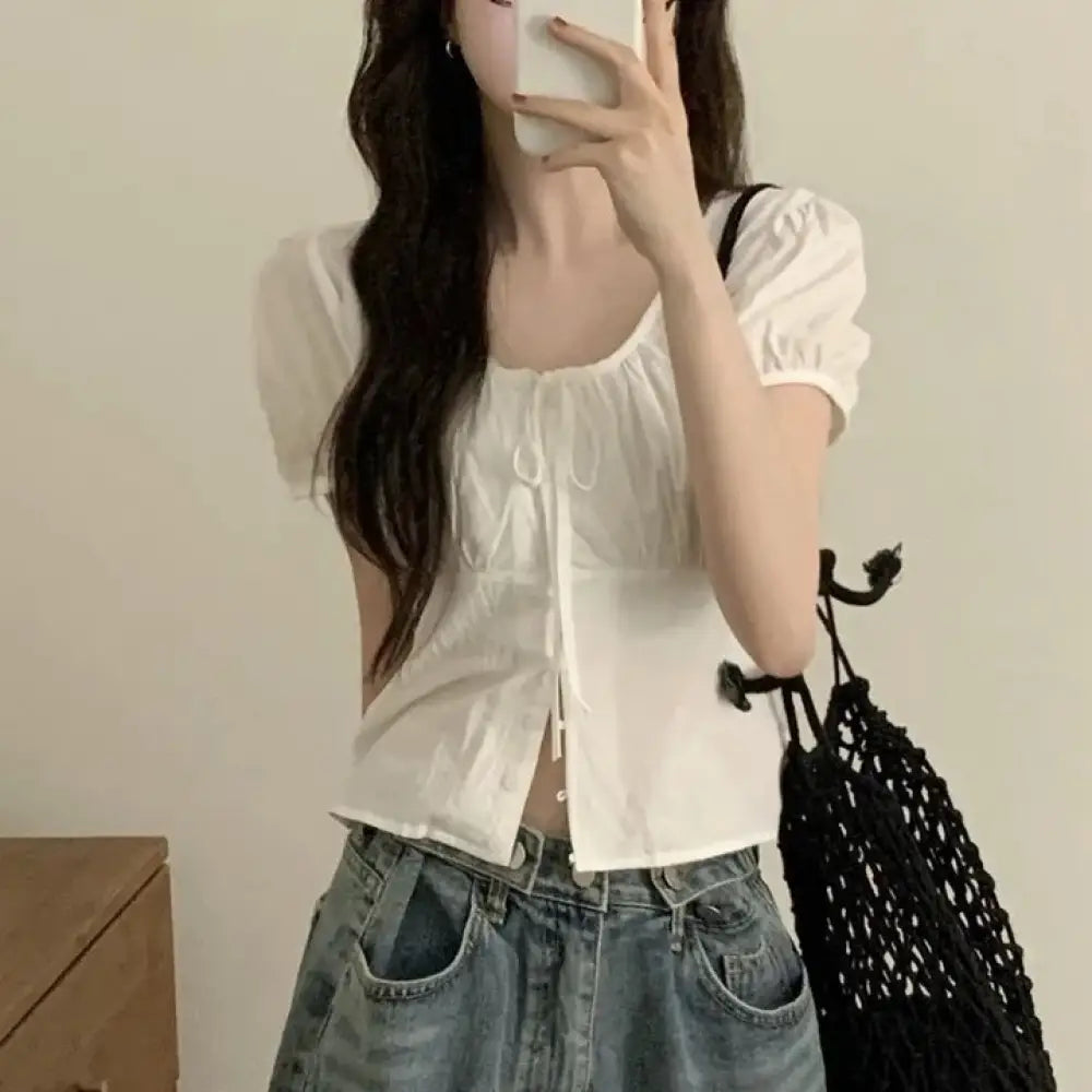 Romantic Lace-Up French Top – Dreamy Style for Lovers | same ANTHEM - White / Free Size