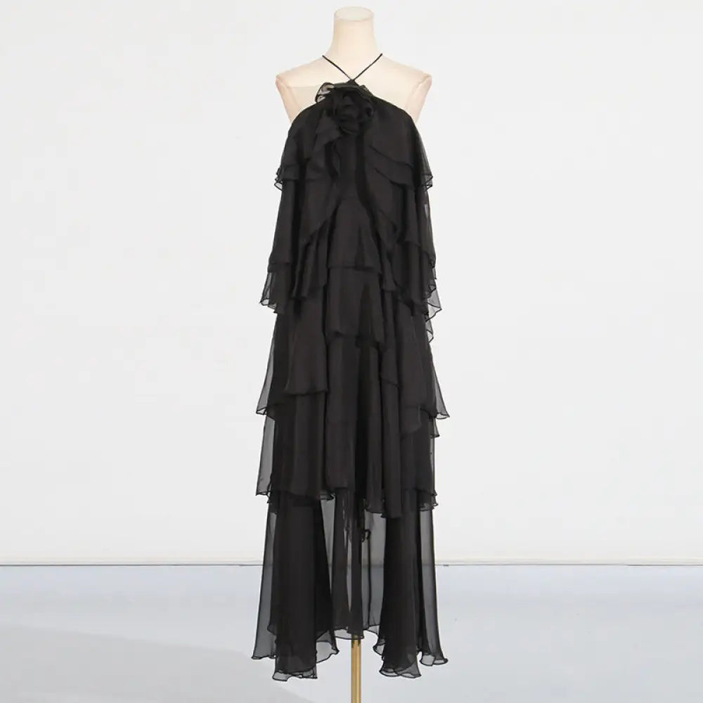 Romantic Lotus Leaf Tulle Long Dress | Dreamy Night Dress | same ANTHEM - black / S