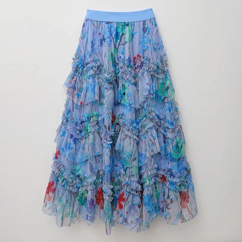 Romantic Printed Lace A-Line Skirt for Women | same ANTHEM - Blue / One Size