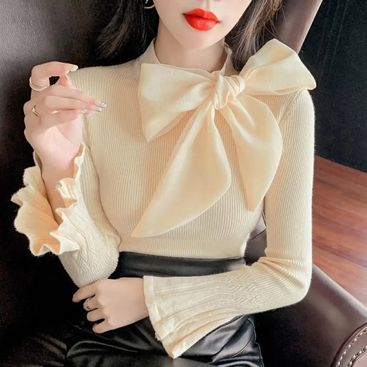 Romantic Ribbon Lace-Up Sweater – Dreamy French Boho Style | same ANTHEM - Apricot / One size fits all
