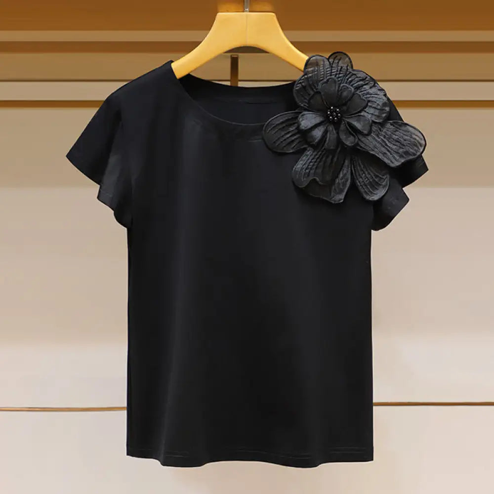Romantic Ruffle Sleeve Flower Top – Dreamy French Vibes | same ANTHEM - Black / L