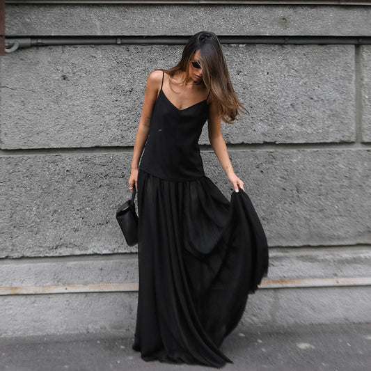 Romantic V-Neck Camisole Long Dress | Dreamy Night Dress | same ANTHEM - Black / S