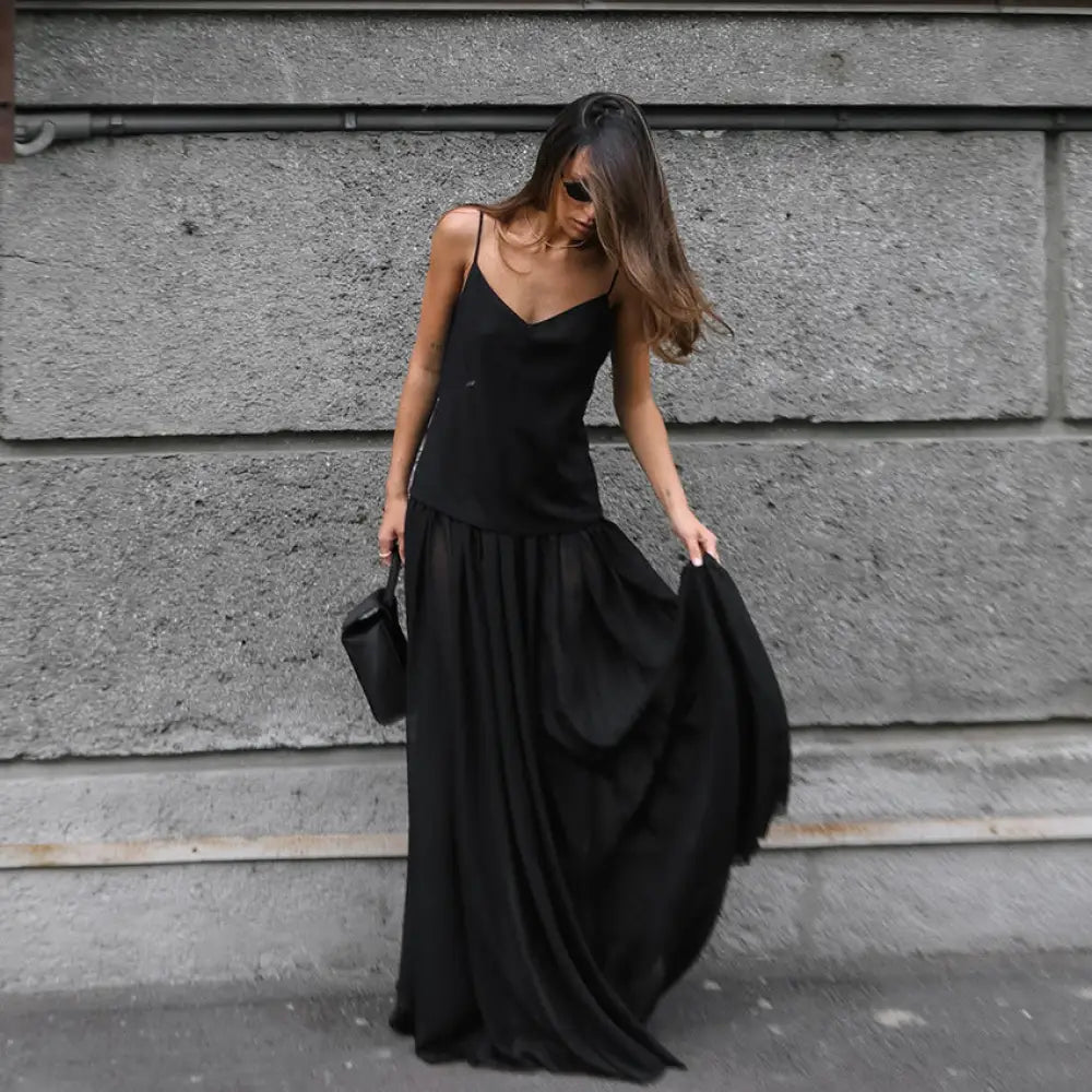 Romantic V-Neck Camisole Long Dress | Dreamy Night Dress | same ANTHEM - Black / S