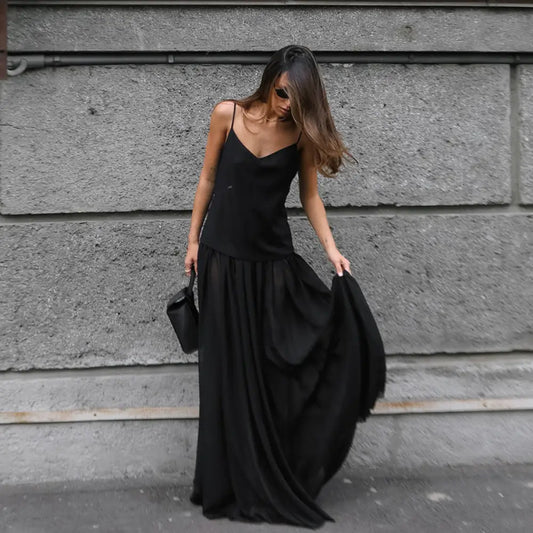 Romantic V-Neck Camisole Long Dress | Dreamy Night Dress | same ANTHEM - Black / S