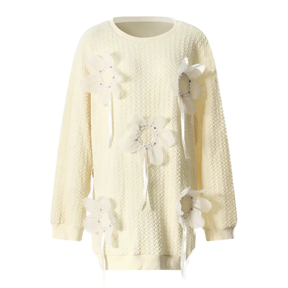 Round Neck T-shirt Skirt with 3D Flower Beads – Cute Chic Streetwear | same ANTHEM - light yellow / S