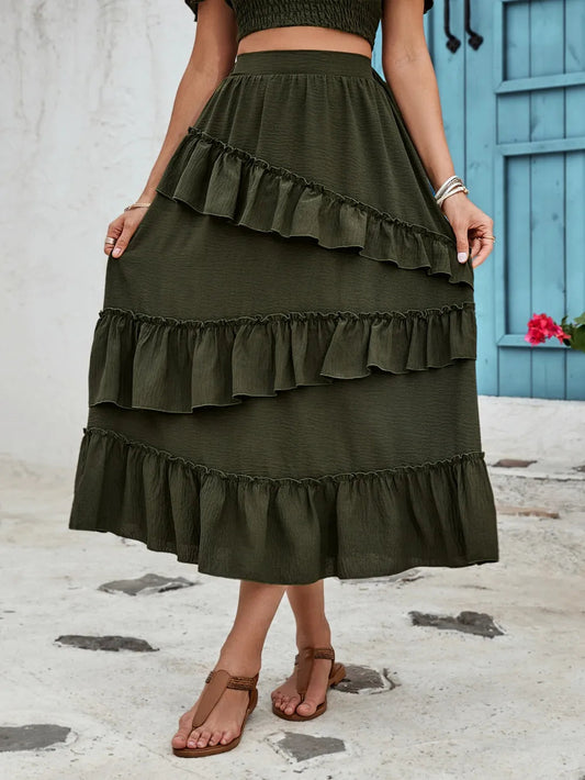Ruffled Elastic Waist Midi Skirt – Romantic Dreamwear | same ANTHEM - Dark Green / M