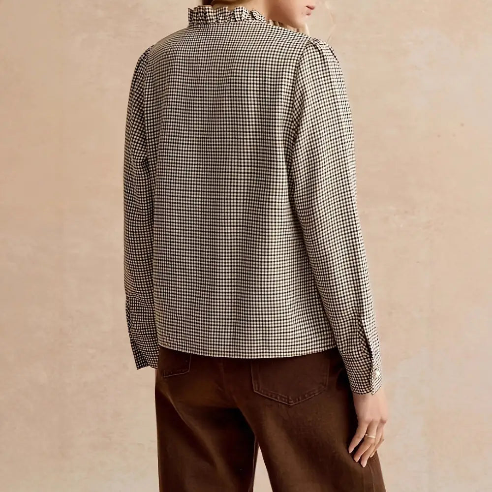 Houndstooth Ruffled Small Stand-up Collar Side-button-front Shirt - Top