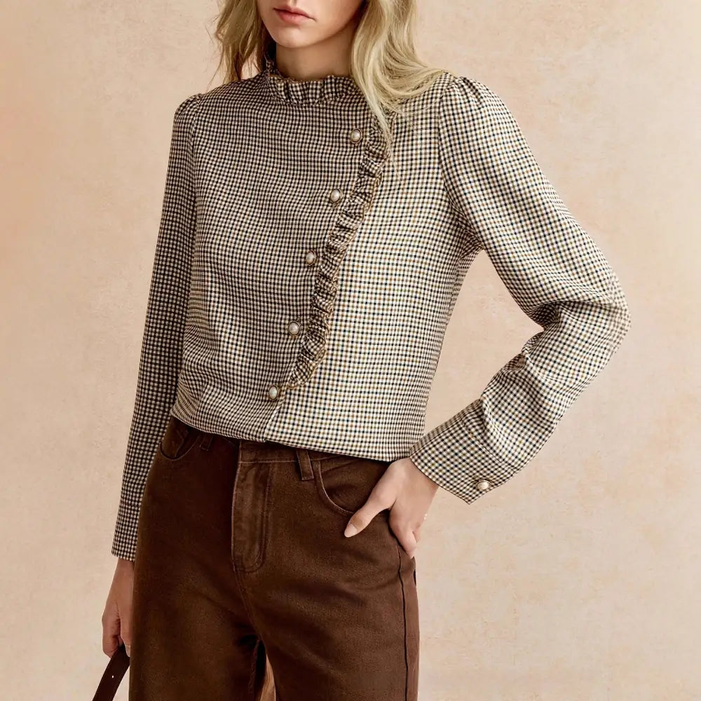 Houndstooth Ruffled Small Stand-up Collar Side-button-front Shirt - Top