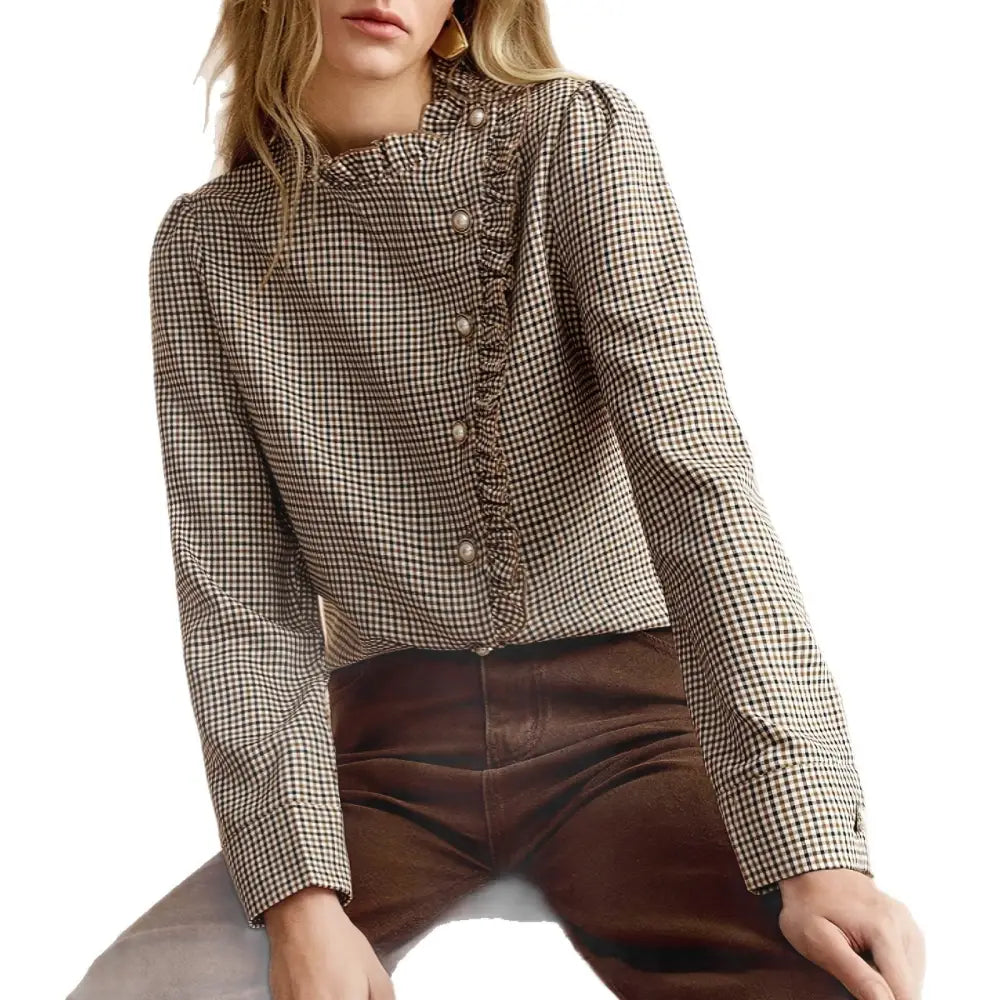 Houndstooth Ruffled Small Stand-up Collar Side-button-front Shirt - Top