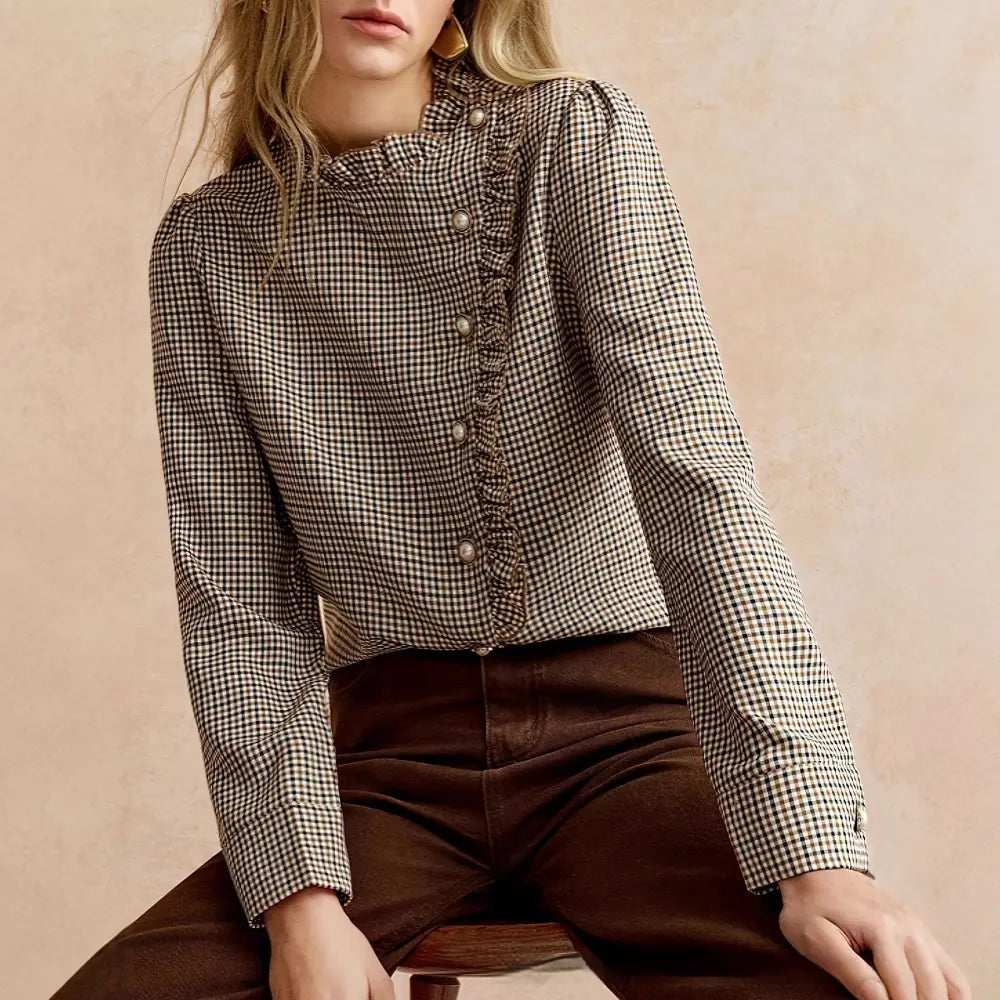 Houndstooth Ruffled Small Stand-up Collar Side-button-front Shirt - Top