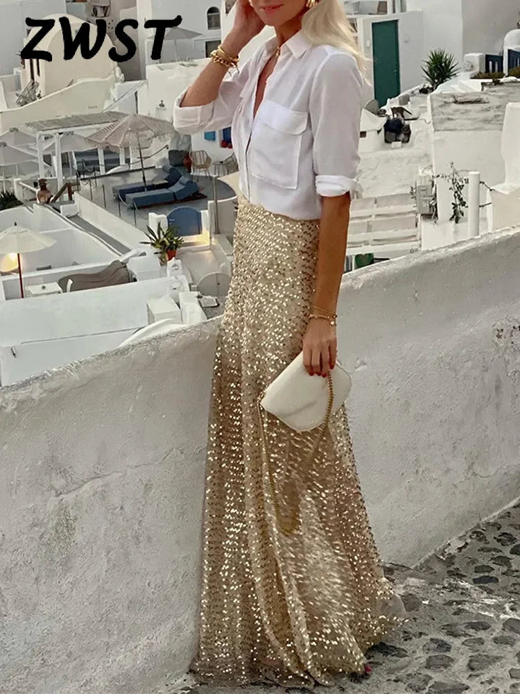 same ANTHEM. Golden Sequin Pleated Skirt – Dreamy Streetwear for Soulmates