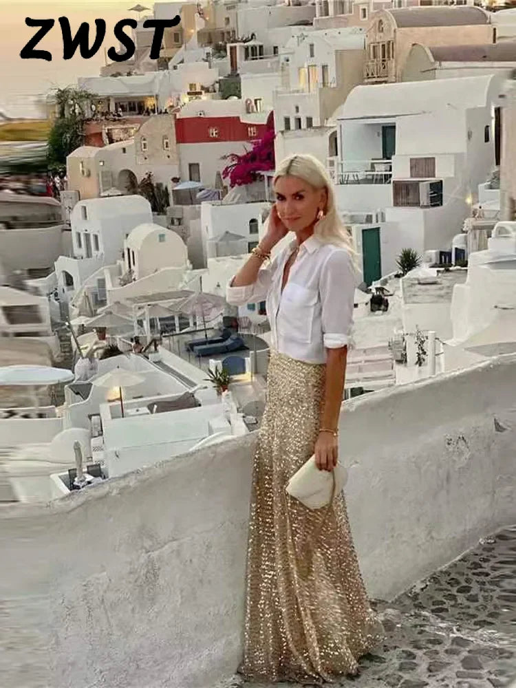 same ANTHEM. Golden Sequin Pleated Skirt – Dreamy Streetwear for Soulmates