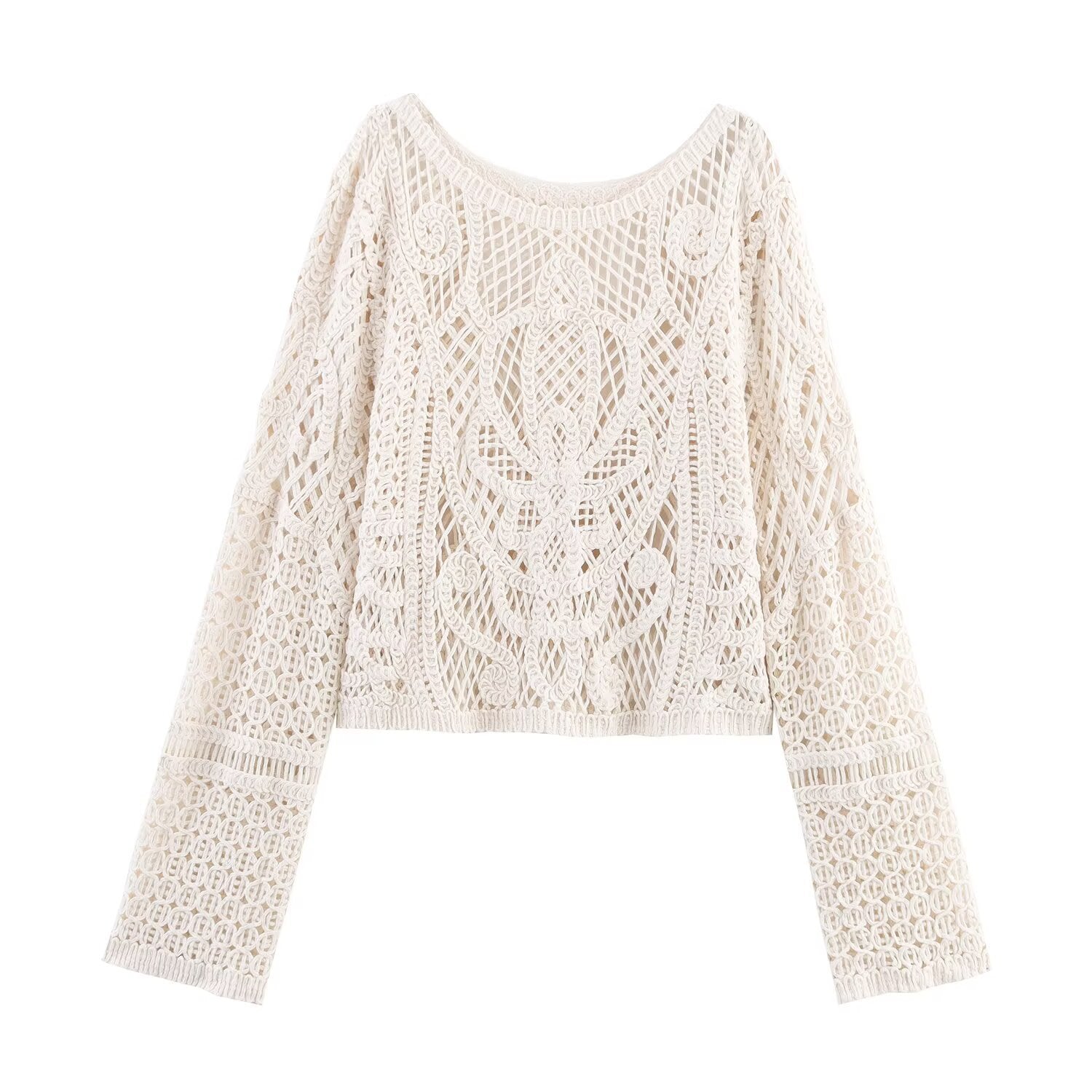 same ANTHEM. Hollow Mesh Knit Sweater – Round Neck Long Sleeve Soulmate Streetwear - Beige / S