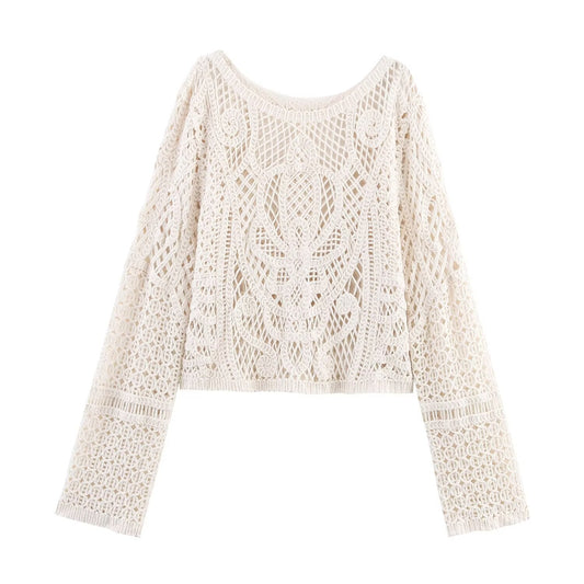 same ANTHEM. Hollow Mesh Knit Sweater – Round Neck Long Sleeve Soulmate Streetwear - Beige / S