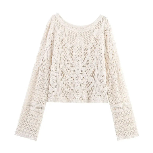 same ANTHEM. Hollow Mesh Knit Sweater – Round Neck Long Sleeve Soulmate Streetwear - Beige / S